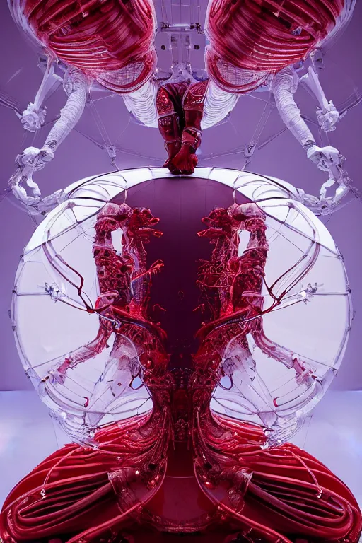 Image similar to background space station, red baroque inflateble dress iris van herpen positing on floor, helmet instead of a head, perfect symmetrical, full body shot, inflateble shapes, wires, tubes, veins, jellyfish, white biomechanical details, wearing epic bionic implants, masterpiece, intricate, biopunk, vogue, highly detailed, artstation, concept art