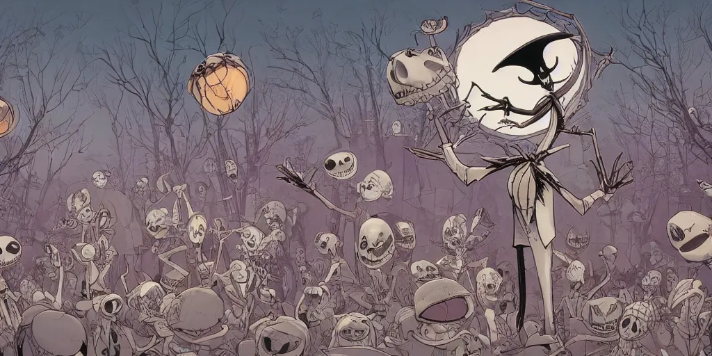 Image similar to a study of cell shaded cartoon of a scene from tim burtons nightmare before christmas, illustration, wide shot, muted colors, concept art by josan gonzales and wlop, by james jean, victo ngai, david rubin, mike mignola, laurie greasley, highly detailed, sharp focus, trending on artstation, hq, deviantart, art by artgem