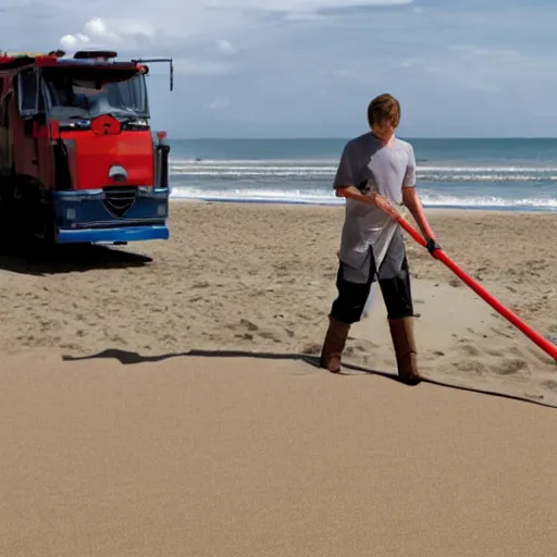 Prompt: anakin skywalker vacuuming beach to remove sand