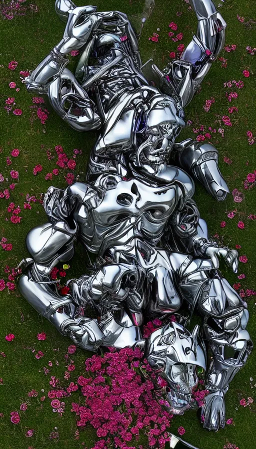 Prompt: destroyed terminator lying in a field of flowers, twisted, chrome, reflections, anthropomorphic, photorealism, smoke, 8 k, wires, smooth, sharp focus, top view, extremely detailed, hyperrealism, elegant, establishing shot, by jeff koons, artgerm and greg rutkowski