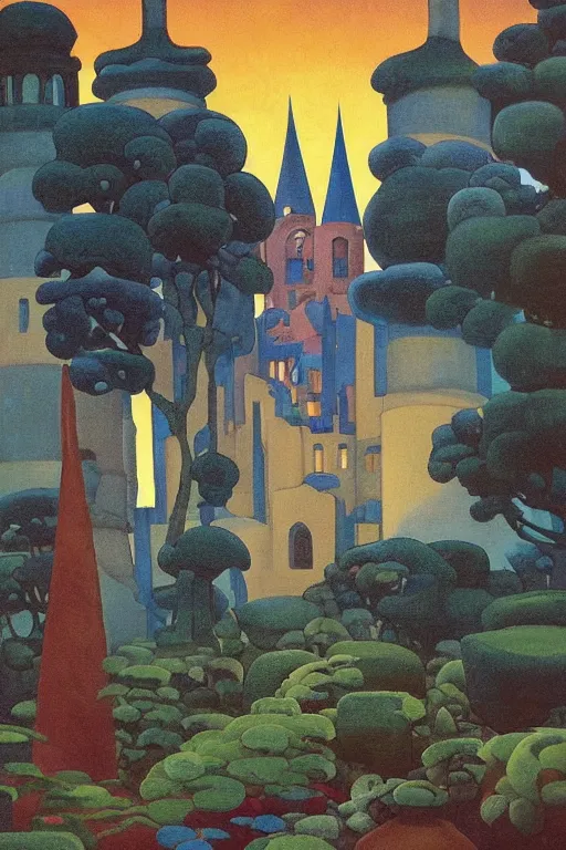 Prompt: view of the mysterious blue tower in its gardens after a storm, tall windows lit up, beautiful ornamental architecture, dramatic cinematic lighting, rich colors, by Nicholas Roerich and William Dyce and April Gornik and Caspar David Friedrich and Sylvain Sarrailh and Ludwig Deutsch and Diego Rivera, featured on artstation