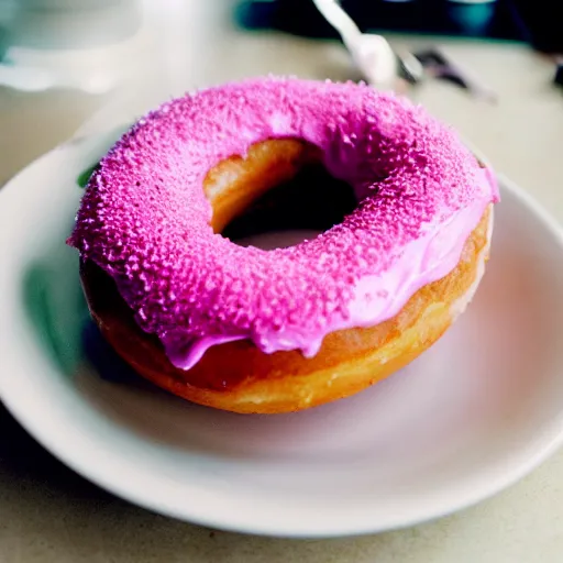 Image similar to a donut, pink frosting, on a plate in a busy diner, cinestill 800