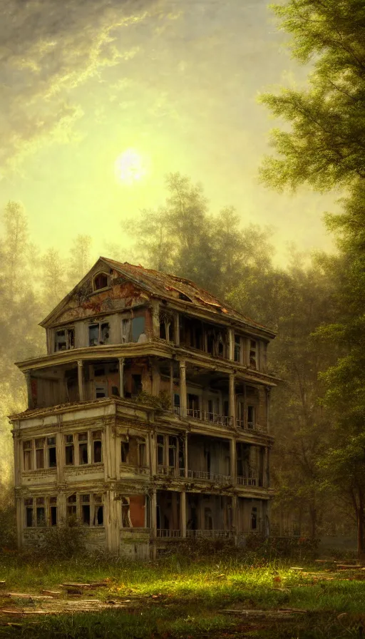 Image similar to a beautiful photorealistic painting of abandoned place building unfinished building city architecture nature urbex by albert bierstadt, lake sunset poppy jupiter tundra darkacademia, archdaily, wallpaper, highly detailed, trending on artstation.