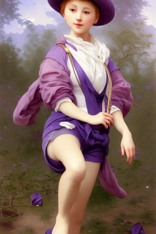 Image similar to Full View girl with short blond hair wearing an oversized purple Beret, Baggy Purple overall shorts, Short Puffy pants made of silk, silk shoes, a big billowy scarf, Golden Ribbon, and white leggings Covered in stars. Short Hair. masterpiece 4k digital illustration by Ruan Jia and Mandy Jurgens and Artgerm and william-adolphe bouguereau, award winning, Artstation, art nouveau aesthetic, Alphonse Mucha background, intricate details, realistic, panoramic view, Hyperdetailed, 8k resolution, intricate art nouveau