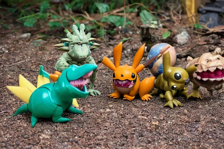 Image similar to autochrome photo of vintage disgusting brown Pokémon action figures, plastic Pokémon toys left outside for many years, backyard, kaiju, oni, realistic