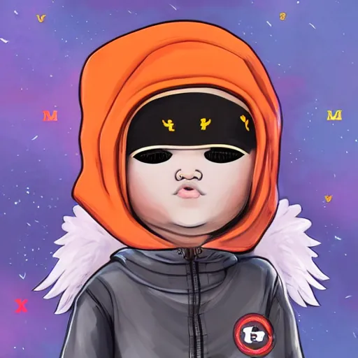 Image similar to baby Angel, baby cherub,wearing angel, face covered, Gucci, x logo, cross, Chanel, halo, ski mask, balaclava, face covered, wearing angel halo covered face, orange hoodie, hip hop, multiple golden necklaces, fantasy art apex fortnite Video game icon, 2d game art gta5 cover , official fanart behance hd artstation by Jesper Ejsing, by RHADS, Makoto Shinkai and Lois van baarle, ilya kuvshinov, rossdraws