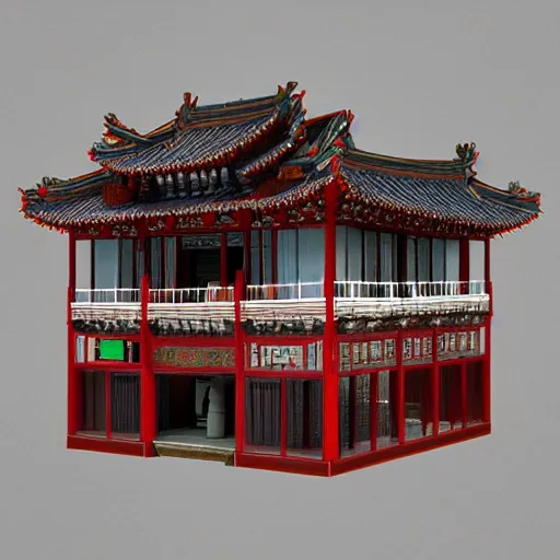 Image similar to ancient chinese architecture house shaped like a rubix cube by bugs zhou, concept art, artstation, octane render, fine detail