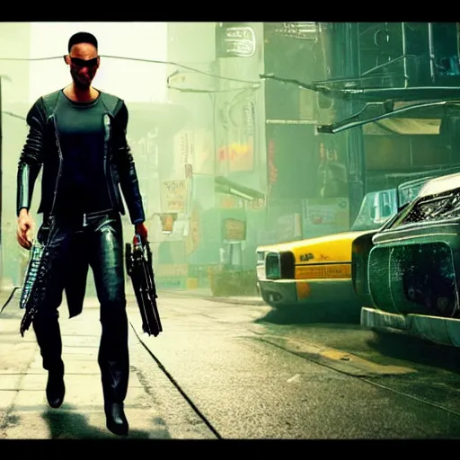 Prompt: photo of a Keanu Reaves from the Matrix film in the Cyberpunk 2077 game