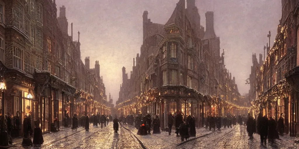 Image similar to Victorian city street with balconies and plants on a Christmas winter in London, evening, low angle view, detailed matte painting, cinematic, John Atkinson Grimshaw, Artstation