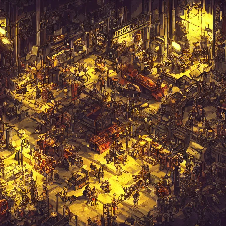 Image similar to fantastic lighting, pixel art, high detail, dieselpunk market, 2 d