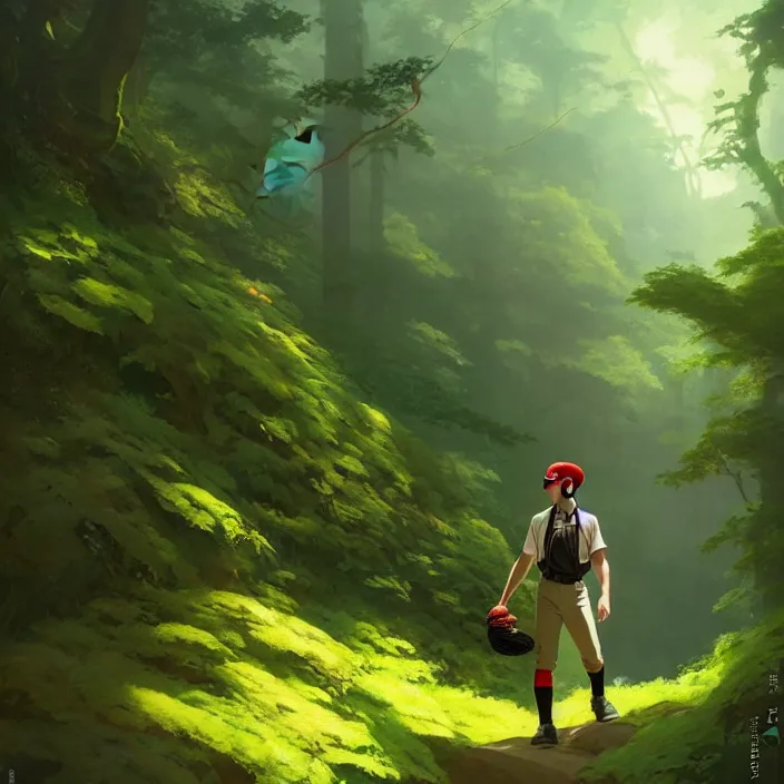 Image similar to a man with a baseball hat hiking through a deep lush forest space ship pilot in the style of studio ghibli, j. c. leyendecker, greg rutkowski, artem