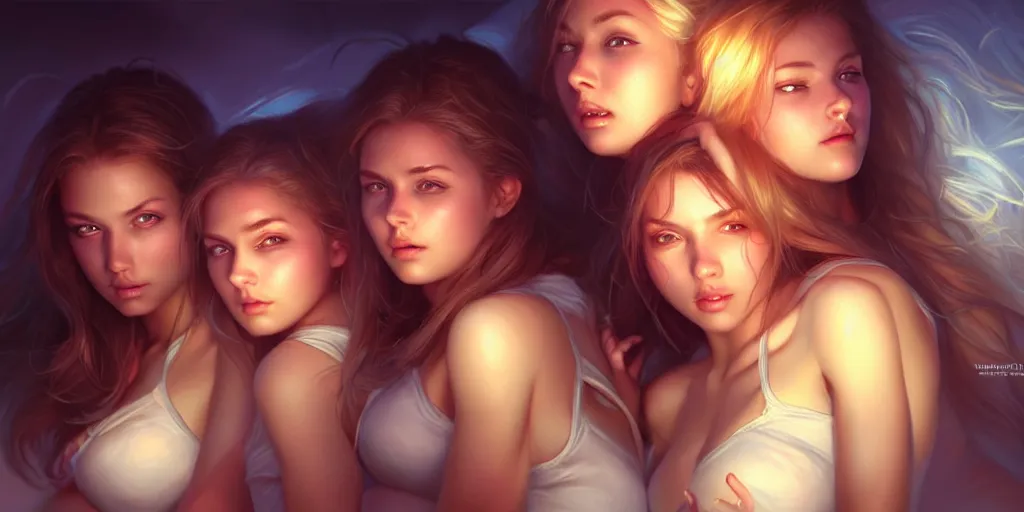 Image similar to three beautiful college girls in a bed rolling on ecstasy covered in sweat and dilated pupils, highly detailed, digital painting, artstation, concept art, matte, sharp focus, illustration, art by artgerm and ross tran and thomas kincade