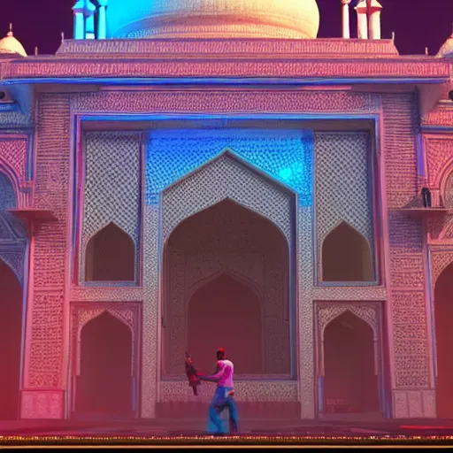 Image similar to if The Taj Mahal was built in cyberpunk 2077, hyper-realistic, futuristic, neon lights, digital art, cinematic 3d render