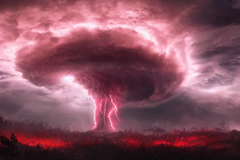 Prompt: photo of monstrous tornado, night, backlit, red sprites, hyperdetailed, artstation