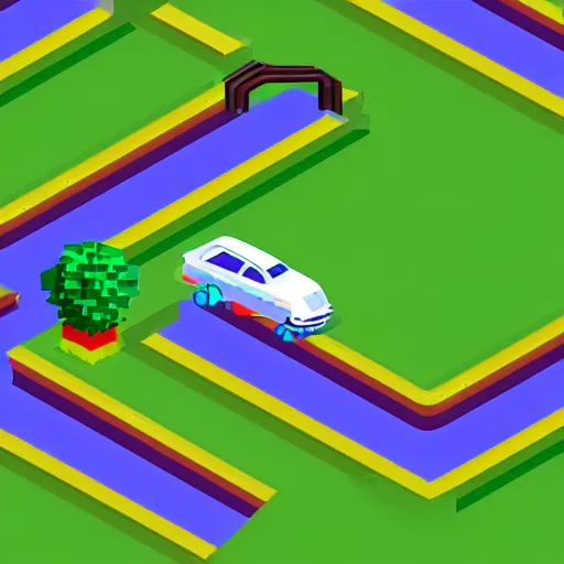 Prompt: isometric top-down driving game, hilly track, jumps, obstacles on the road, isometric, arcade, retro, mame, pixel graphics, tube display filter