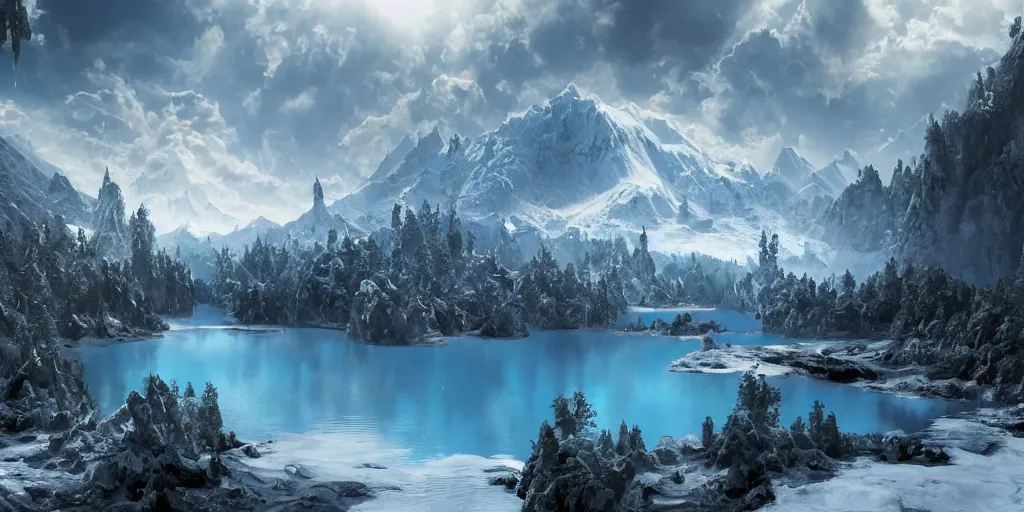 Image similar to a hyper realistic professional photographic view picture of a heavenly snow mountain with a dark blue lake in front of it, photographic filter unreal engine 5 realistic hyperdetailed 8k ultradetail cinematic concept art volumetric lighting, fantasy artwork, very beautiful scenery, very realistic painting effect, hd, hdr, cinematic 4k wallpaper, 8k, ultra detailed, high resolution, artstation trending on artstation in the style of Albert Dros glowing rich colors powerful imagery nasa footage drone footage drone photography