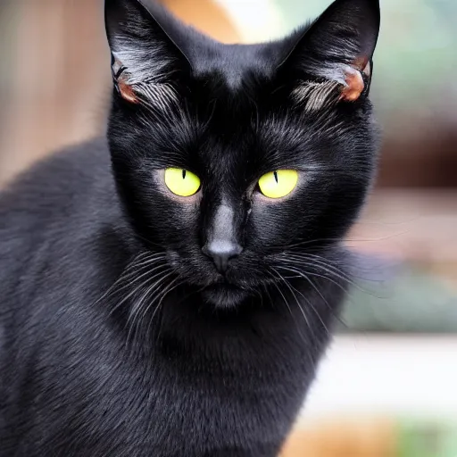 Prompt: a black cat with yellow eyes, missing some whiskers and standing up