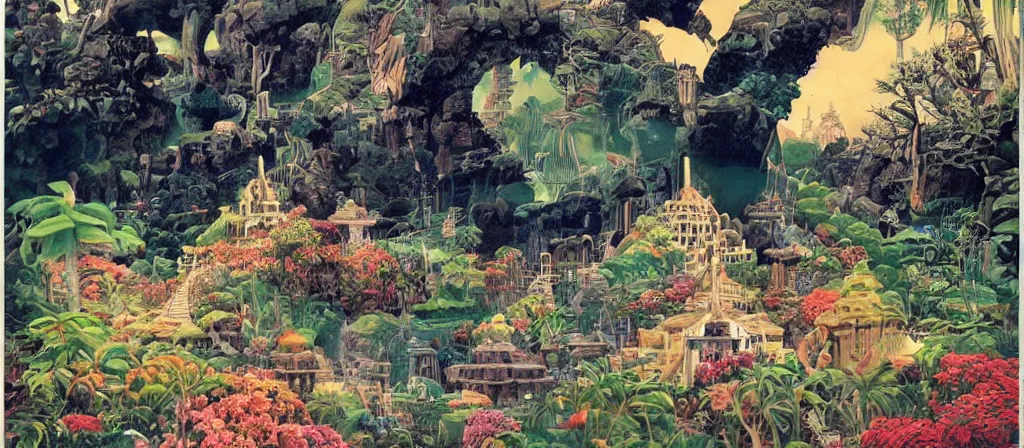 Image similar to huge gargantuan angular dimension of pagoda liminal spaces, temples by escher and ricardo bofill. utopian singaporean landscape by roger dean. magical realism, surrealism, lush sakura trees, waterfalls, thunder, lightning, cyberpunk, shot from below, epic scale