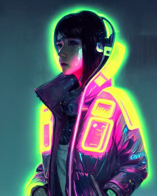 Image similar to detailed portrait Neon Operator Girl, cyberpunk futuristic neon, reflective puffy coat, decorated with traditional Japanese ornaments by Ismail inceoglu dragan bibin hans thoma greg rutkowski Alexandros Pyromallis Nekro Rene Maritte Illustrated, Perfect face, fine details, realistic shaded, fine-face, pretty face