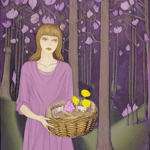 Image similar to random, intuitive by leticia gillett, by jozsef rippl - ronai light violet. a experimental art of a vasilisa standing in the forest, surrounded by animals. she is holding a basket of flowers in one hand & a spindle in the other. gentle expression. in the background, the forest is dark & mysterious.