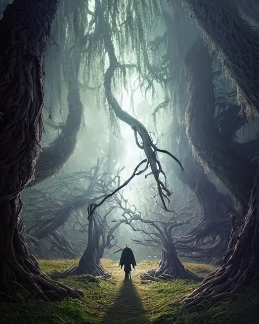 Image similar to highly detailed surreal vfx portrait of a cursed crown in a shadowy forest by a willow tree, stephen bliss, unreal engine, greg rutkowski, loish, rhads, beeple, makoto shinkai and lois van baarle, ilya kuvshinov, rossdraws, tom bagshaw, alphonse mucha, global illumination, detailed and intricate environment