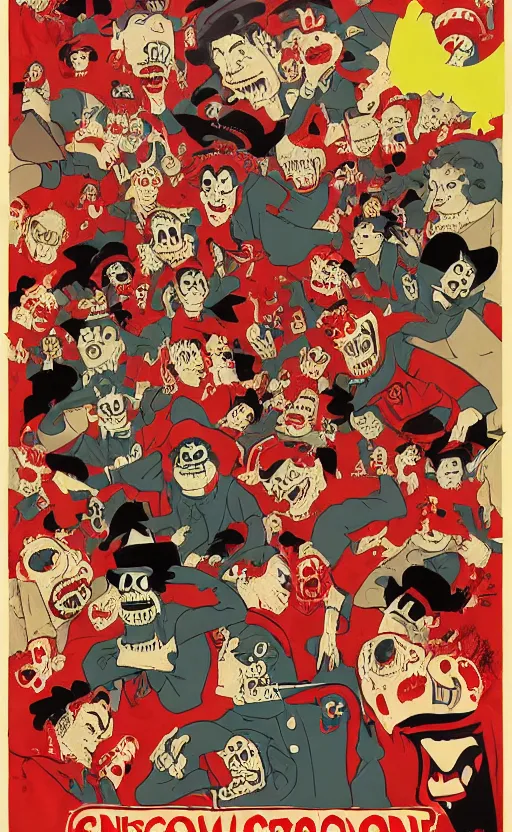 Image similar to cursed with necronomicon horrorcore cel animation poster depicting gory waldo eating the deceased power puff girls, intricate faces, metropolis, 1 9 5 0 s movie poster, post - processing, vector art