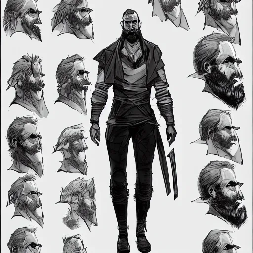 Image similar to character design sheet, concept art character, very high angle view, book cover, very attractive man with beard, walking in cyberpunk valley highly detailed full body, strong masculine features, sturdy body, command presence, royalty, smooth, sharp focus, organic, appealing, book cover, deep shadows, by borderland 3 sketch lineart for character design