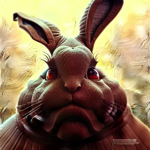 Image similar to low angle shot of a sad rabbit by guillermo del toro, intricate, elegant, highly detailed, centered, digital painting, artstation, concept art, smooth, sharp focus, illustration, artgerm, Tomasz Alen Kopera, Peter Mohrbacher donato giancola, Joseph Christian Leyendecker, WLOP, Boris Vallejo