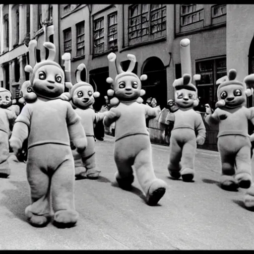 Image similar to teletubbies in a parade in nazi germany