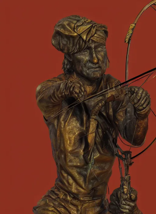 Prompt: An epic fantastic realism comic book style portrait painting of a distressed bronze archery sculpture from the future by Stanislaw Szukalski, gilded colorful marbled paper background, winged archer, fisheye lens, unreal 5, DAZ, hyperrealistic, octane render, dynamic lighting