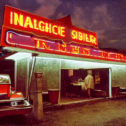 Prompt: kodachrome color photograph of a medieval tavern that is also a 1 9 5 0 s drive - in diner with neon signs, fantasy, medieval, americana, european architecture