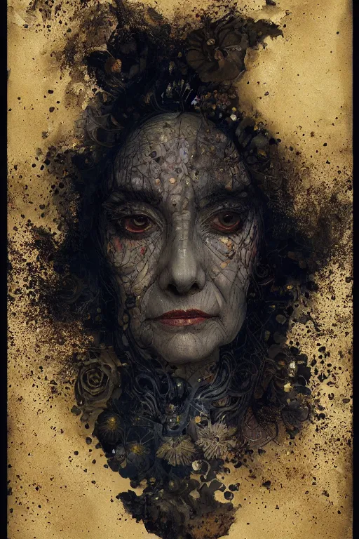 Prompt: portrait of hairy old woman with diluted aquarelle painted skin. close up. very dark black hair, large gold eyes. intricate dark flowers pattern on background, high detail, by Peter mohrbacher and Eddie Mendoza