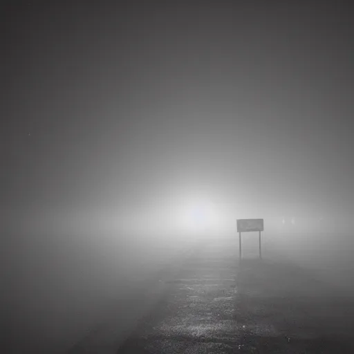 Prompt: a photo of a blank sign at night, fog, pitch black, spooky found footage