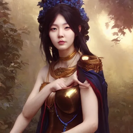 Image similar to A portrait of a female korean model as Ishtar the goddess of love, Stjepan Sejic, Ruan Jia, and Mandy Jurgens, and Artgerm, and william adolphe bouguereau, highly detailed, trending on artstation, award winning