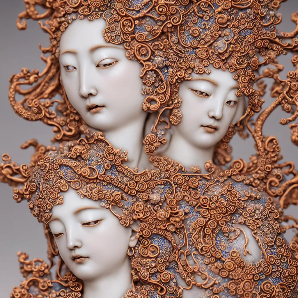 Image similar to The Goddess of Beauty, A Close up photo-real delicate ceramic porcelain sculpture of an ornate detailed in front of an intricate background by Victo Ngai and takato yamamoto, micro detail, backlit lighting, face in focus, subsurface scattering, translucent, thin porcelain, octane renderer, colorful, physically based rendering, japanese pottery, trending on cgsociety