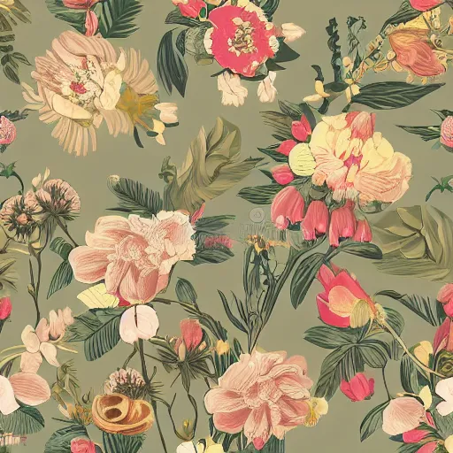 Prompt: floral wallpaper texture, vintage illustration pattern, bizarre compositions, blend of flowers, by beto val, john james audubon, exquisite detail, vector art, made in illustrator