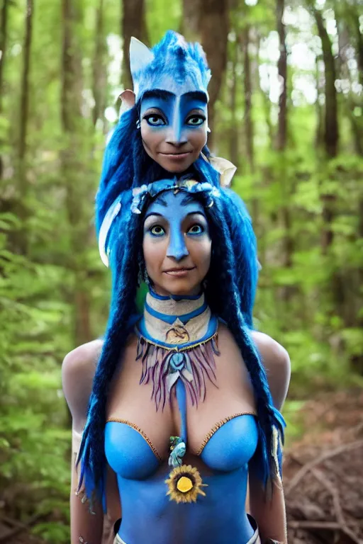 Prompt: a young woman dressed as a blue-skinned female navi from avatar standing in a forest, high resolution film still, 8k, HDR colors, cosplay, outdoor lighting, high resolution photograph, photo by bruce weber