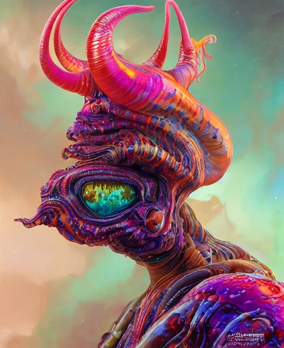 Prompt: intricate colorful transparent portrait of a terrifying beautiful alien sea slug, horns, mottled coloring, adorable, childlike, anxiety environment, ultra realistic, concept art, art nouveau, photorealistic, octane render, 8 k, unreal engine. art by christopher marley and artgerm and greg rutkowski and alphonse mucha