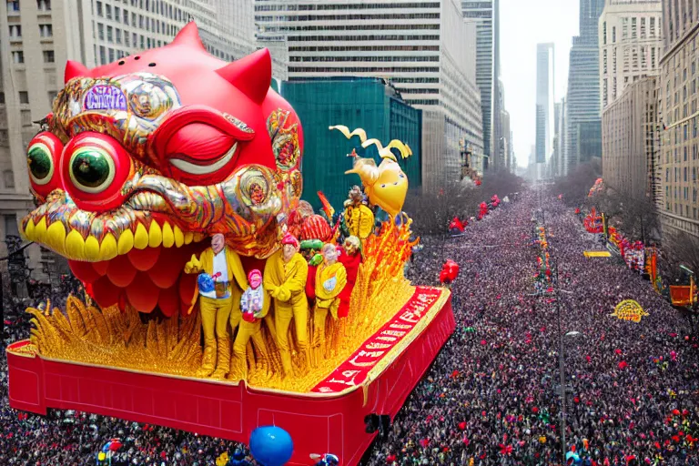 Image similar to photo of giant beautiful elaborate parade float designed by geoff darrow and wes anderson, in the macys parade, detailed 4 k photo
