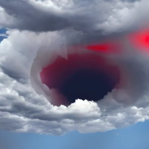 Prompt: a black and red hole in the middle of the sky in kansas cloudy scary creepy