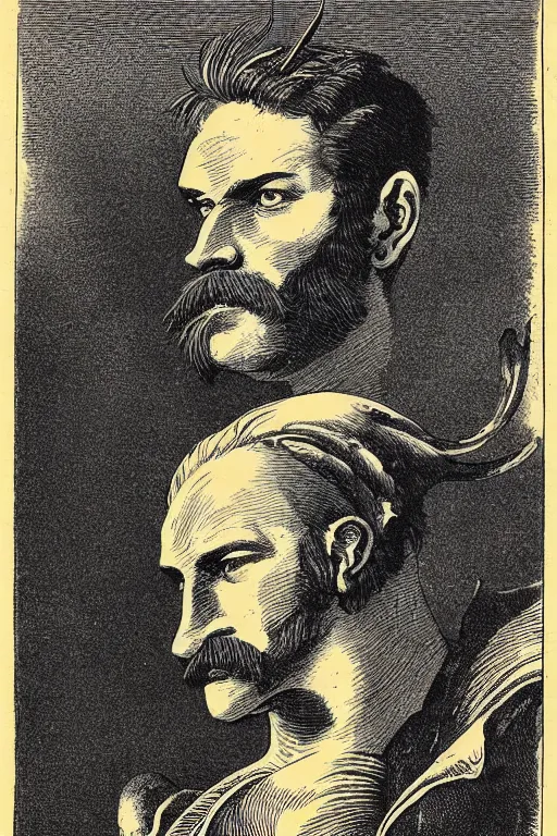 Prompt: 19th century wood-engraving of a confident muscular man with a rooster's head, whole page illustration from Jules Verne book titled Stardust Crusaders, art by Édouard Riou Jules Férat and Henri de Montaut, frontal portrait, high quality, beautiful, highly detailed, removed watermarks