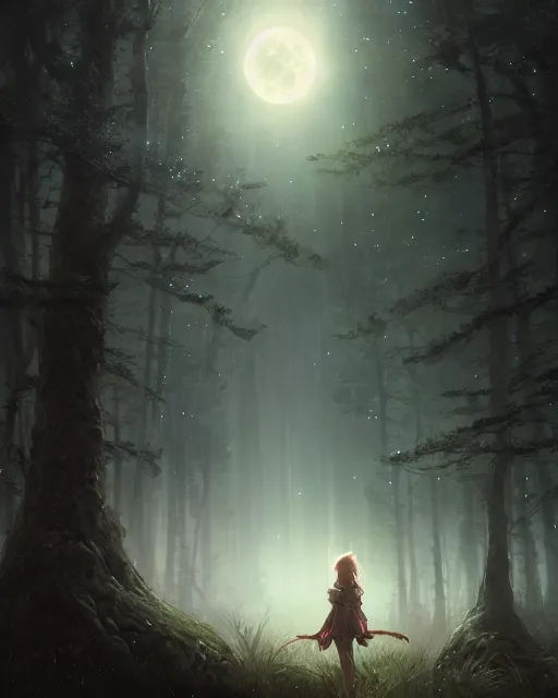 Image similar to girl looks at the space, d & d, fantasy, mist, full moon in background, trees, hyper detailed, art by artgerm and greg rutkowski and magali villeneuve, midium shot, 8 k realistic, cryengine, digital painting, trending on artstation, concept art, sharp focus, illustration,