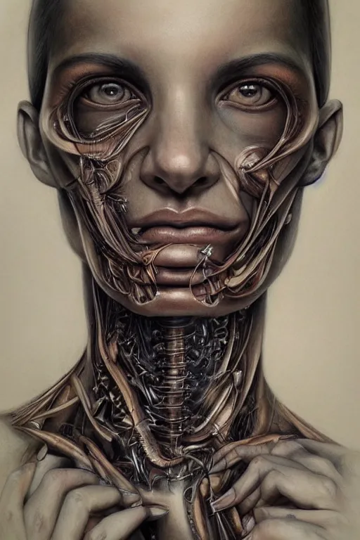 Image similar to beautiful portrait of biomechanical being by marco mazzoni, detailed, realistic skin color