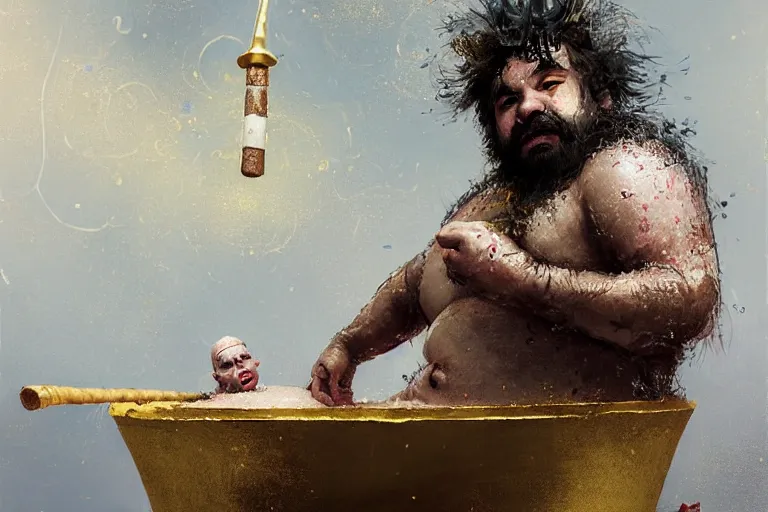 Image similar to Hairy fat dwarf bathing in a gold tub and smoking a cigar, futuristic neon, decorated with traditional Japanese ornaments by Ismail inceoglu dragan bibin hans thoma greg rutkowski Alexandros Pyromallis Nekro Rene Maritte Illustrated, Perfect face, fine details, realistic shaded, fine-face, pretty face