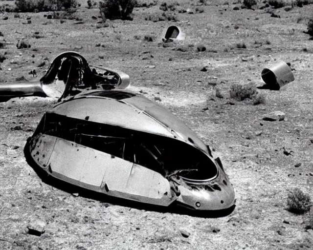 Prompt: a futuristic sci-fi alien scout craft, crashed in roswell, 1947, early black and white photo, cdx