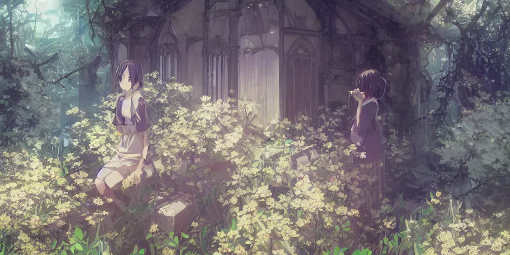 Image similar to anime kyoto animation key by greg rutkowski, perfectly detailed android girl in abandoned chapel with overgrown flowers and plants