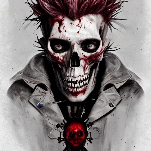 Prompt: portrait painting of a sneering biker with pale skin and spiked hair drinking blood from a skull goblet sharp focus, ultra realistic, concept art, intricate details, eerie, highly detailed, photorealistic, octane render, 8 k, unreal engine. art by artgerm and charlie bowater and greg rutkowski