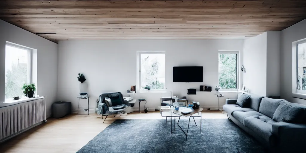 Prompt: insanely detailed wide angle architecture photography, serene small apartment, cozy contemporary living room, wood, grey, slate, white, teal, stone