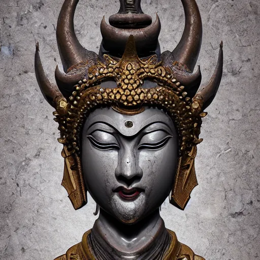 Image similar to naraka buddhist demon korean female, highly detailed, symmetrical long head, smooth marble surfaces, detailed ink illustration, raiden metal gear, cinematic smooth stone, deep aesthetic, concept art, post process, 4 k, carved marble texture and silk cloth, latex skin, highly ornate intricate details, in the style of 8 8 grzes