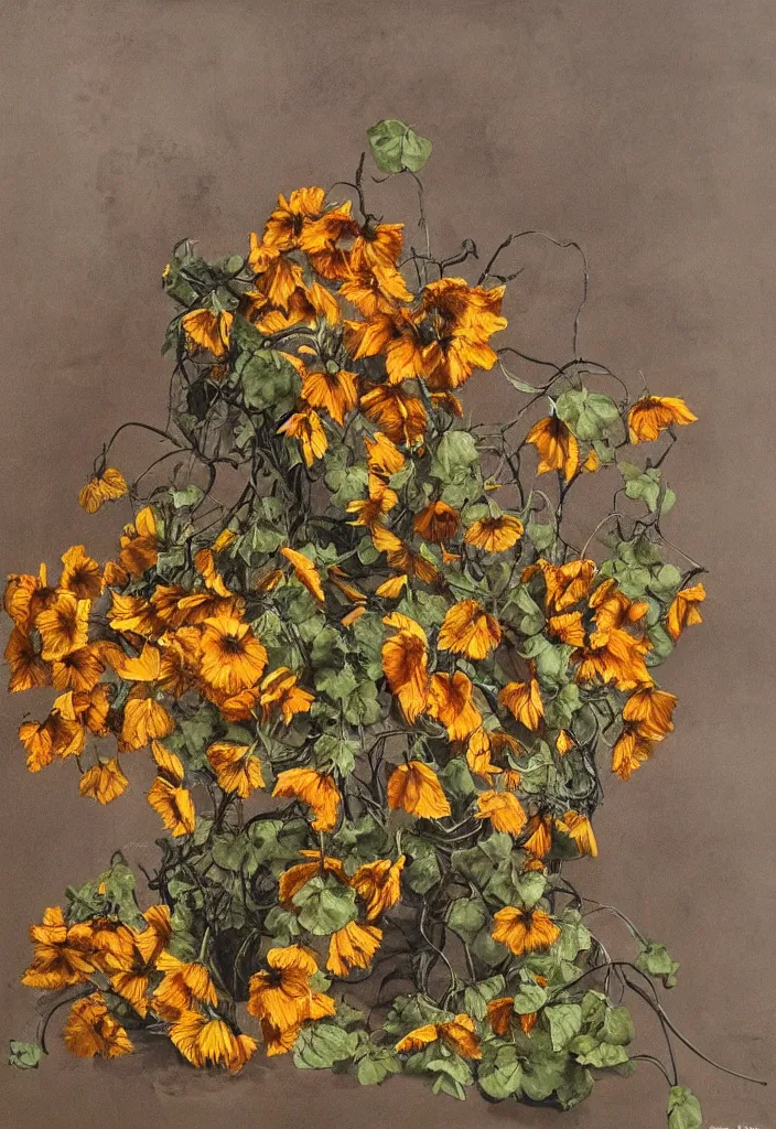 Image similar to award winning fine artwork about withered sunflowers and dry nasturtiums with vines, dark tones